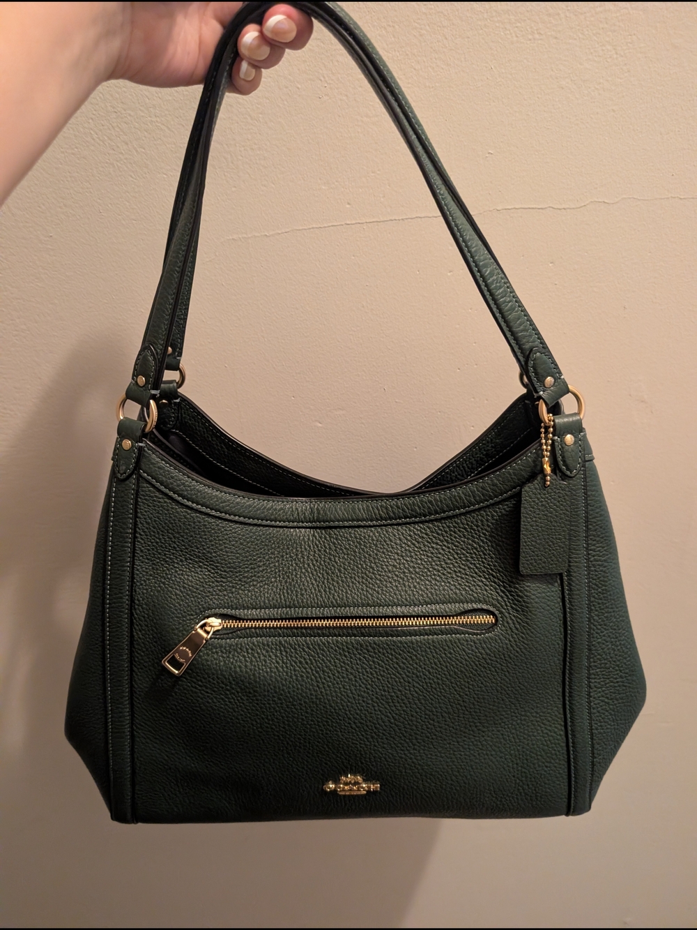 Coach Dark Forest Green Pebbled Leather Shoulder Bag with Gold Hardware
